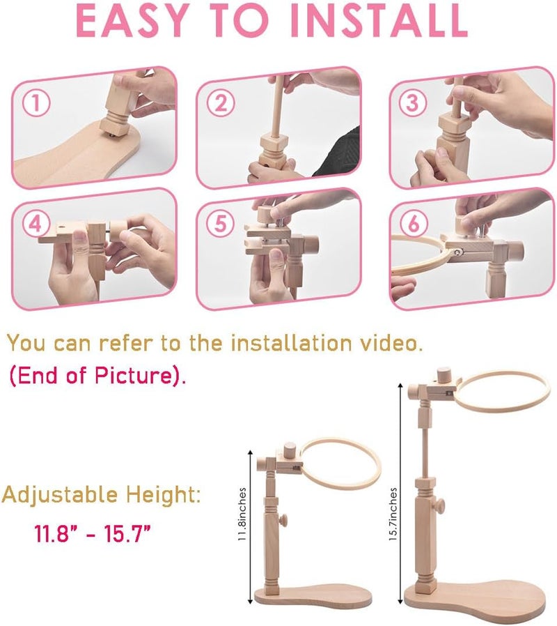 TINDTOP Beech Wood Embroidery Hoop Stand, with 3pcs Embroidery Hoops (3inch + 6inch + 8inch), Adjustable Rotated Wooden Embroidery Hoop Holder for Cross Stitch and Embroidery Projects - Image 5